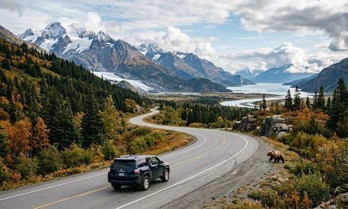 Alaskan wilderness highway surrounded by mountains and untouched natural scenery