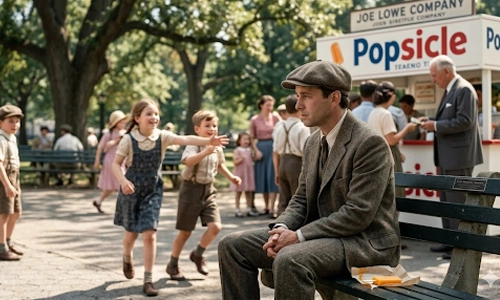 Vintage-style popsicle stand in a park with children enjoying the popular frozen treat