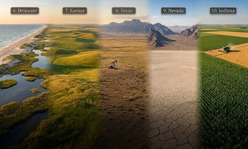 Comparison of Delaware, Kansas, Texas, Nevada, and Indiana in a ranking of the flattest states in the US