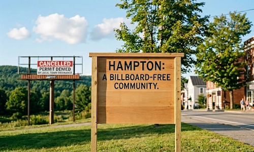 Roadside sign promoting a billboard-free community with a denied billboard permit in the background