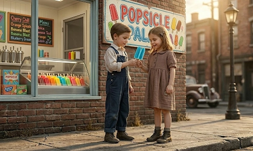 Two children enjoying colorful popsicles outside a neighborhood popsicle shop