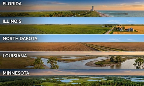 Landscape comparison of Florida, Illinois, North Dakota, Louisiana, and Minnesota agricultural regions