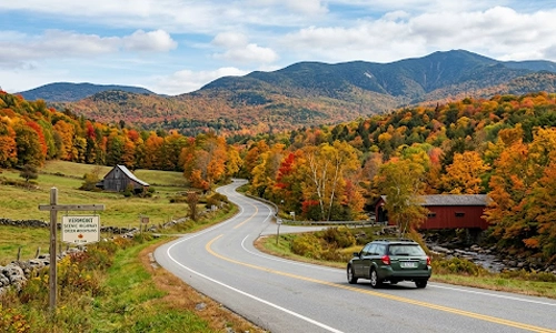 Scenic Vermont countryside featuring rolling hills and billboard-free roads