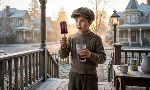 Young boy holding a popsicle on a chilly porch, inspired by the accidental invention of the frozen treat
