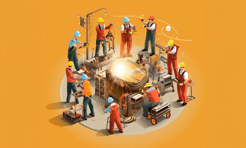 Different colored hard hats representing various construction site roles