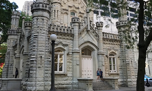 The historic Chicago Water Tower, one of the most famous buildings that survived the Chicago Fire