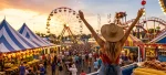 A lively state fair scene with food stands, a Ferris wheel, and crowds enjoying summer festivities