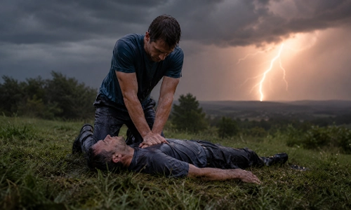 Person performing CPR on someone lying in a field after a lightning strike during a storm