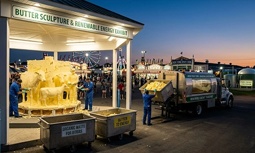 An 800-pound butter sculpture at the Great New York State Fair with a clean agricultural fair setting