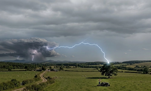 Lightning striking near a tree in an open field during a severe thunderstorm