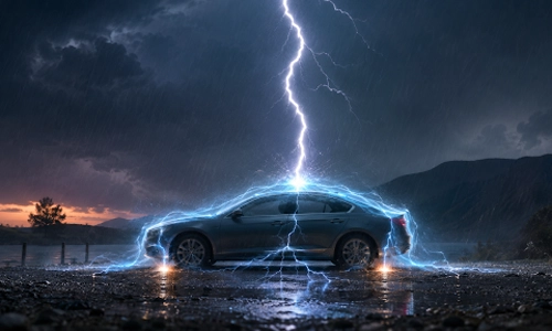 Car surrounded by lightning during a rainstorm, illustrating vehicle safety in severe weather
