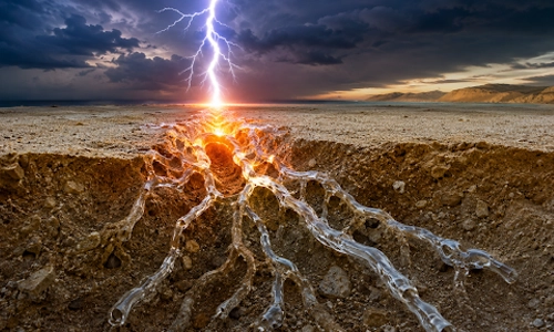 Lightning striking dry ground and forming branching glass-like fulgurite tubes beneath the soil