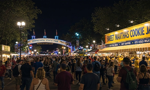 Sweet Martha's cookies served in buckets at the Minnesota State Fair with fair crowds and food booths
