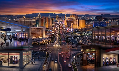 Rows of slot machines in a Las Vegas casino representing Nevada’s massive gaming industry