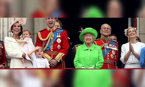 The British royal family standing on the Buckingham Palace balcony during a sunny June celebration.