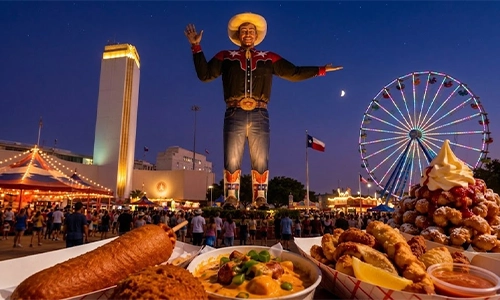 Big Tex at the State Fair of Texas with fairgoers, food vendors, and carnival rides in the background