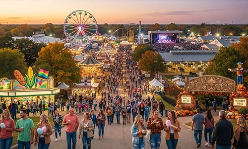 State fair season with summer crowds, rides, and outdoor festival atmosphere in late summer