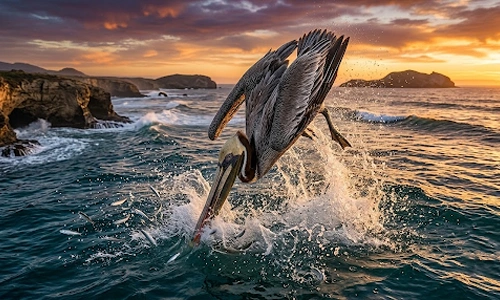 brown pelican that plunges dives
