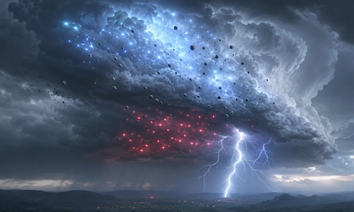 storm cloud with lightning, glowing blue and red lights, and floating debris over a distant landscape
