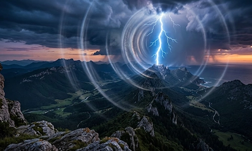 Lightning striking over mountains with circular sound wave effects during a thunderstorm