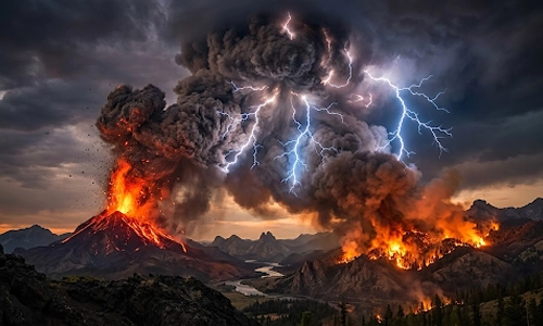 Volcanic eruption with lightning, ash clouds, and wildfire across a mountain landscape