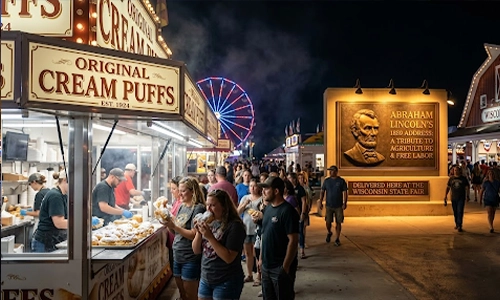 Original cream puffs at the Wisconsin State Fair with powdered sugar and fair-style food displays