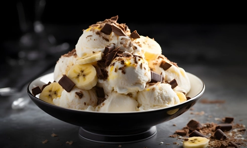 Banana ice cream sundae topped with fruit and sweet toppings