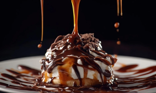 Close up image of Caramel and chocolate sauce poured over a ice cream