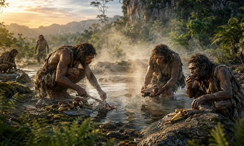Early humans cooking food in hot springs before fire was used