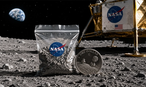 Moon rock and contract concept showing NASA’s one-dollar lunar material deal.