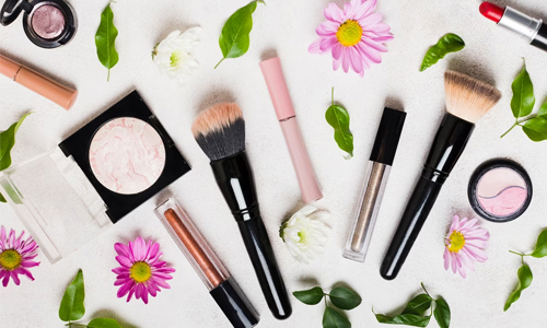 makeup tools and flowers