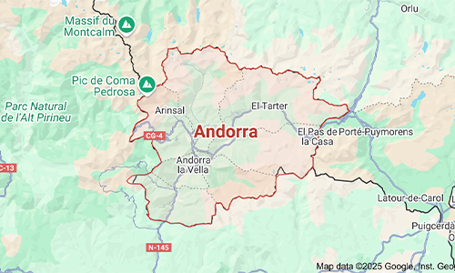 Map of Andorra located in the Pyrenees between France and Spain.