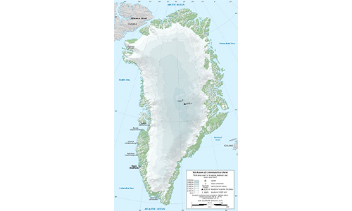 Map showing the thickness of Greenland’s ice sheet.