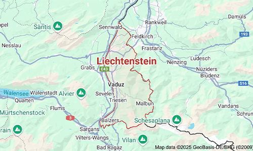 Map view of Liechtenstein located between Switzerland and Austria,