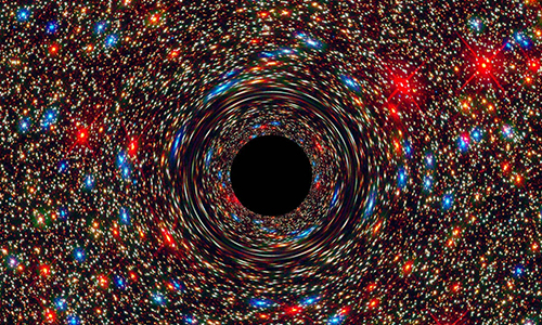 A digital illustration view of a black hole surrounded by colorful stars, showing how light bends due to its intense gravity.