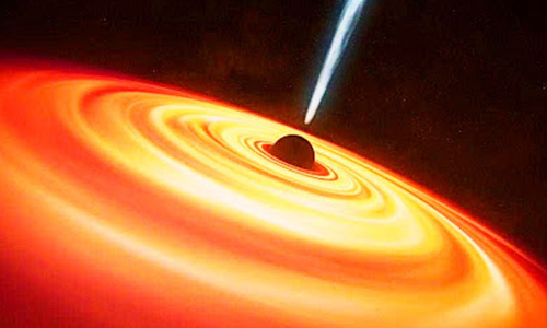 Bright glowing disk of gas swirling around a black hole, illustrating the intense energy and gravity near a black hole.
