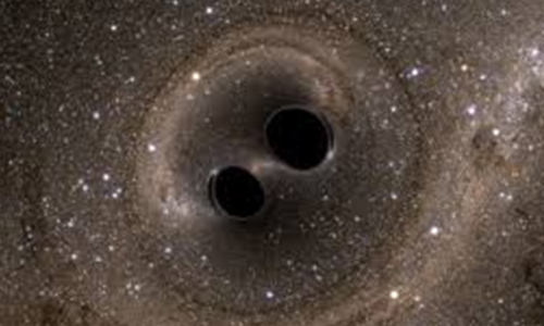 Two black holes merging in deep space, warping the surrounding stars and creating ripples known as gravitational waves.