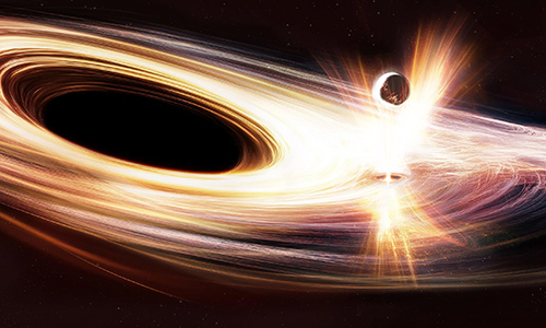 A stunning view of a black hole pulling in light and matter, with a glowing ring and a nearby planet being drawn toward its center.