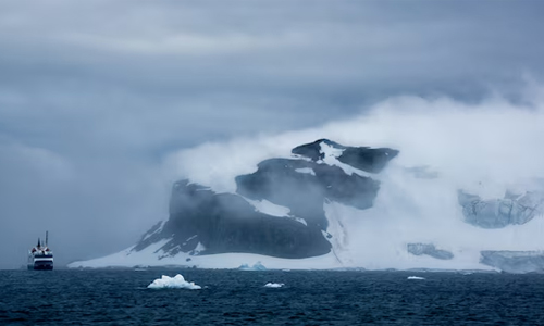 Aerial shot of a ship in Antarctica