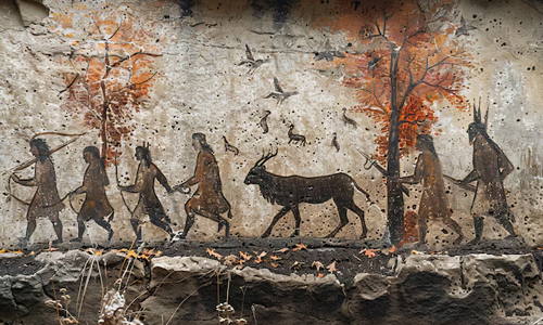 A drawing of humans and an animal