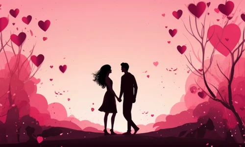 Digital illustration of a couple standing under heart-shaped lights in a romantic scene