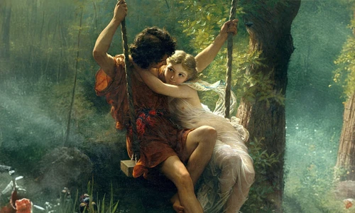 Classic painting of a young couple in spring representing courtly love traditions