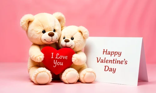 A couple teddy bear holding a heart-shaped Valentine’s Day gift with a card