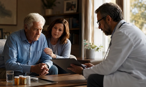Doctor discussing a care plan with an elderly patient and family member at home