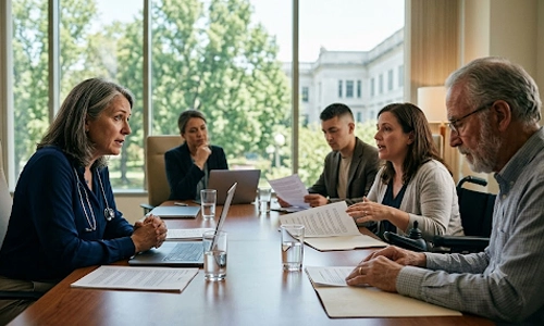 Healthcare team discussing patient care plans during a meeting in a conference room