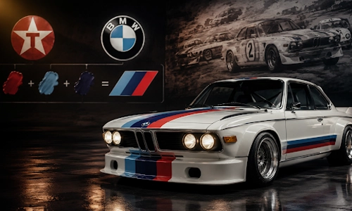 BMW M performance car with the iconic blue, purple, and red racing stripes